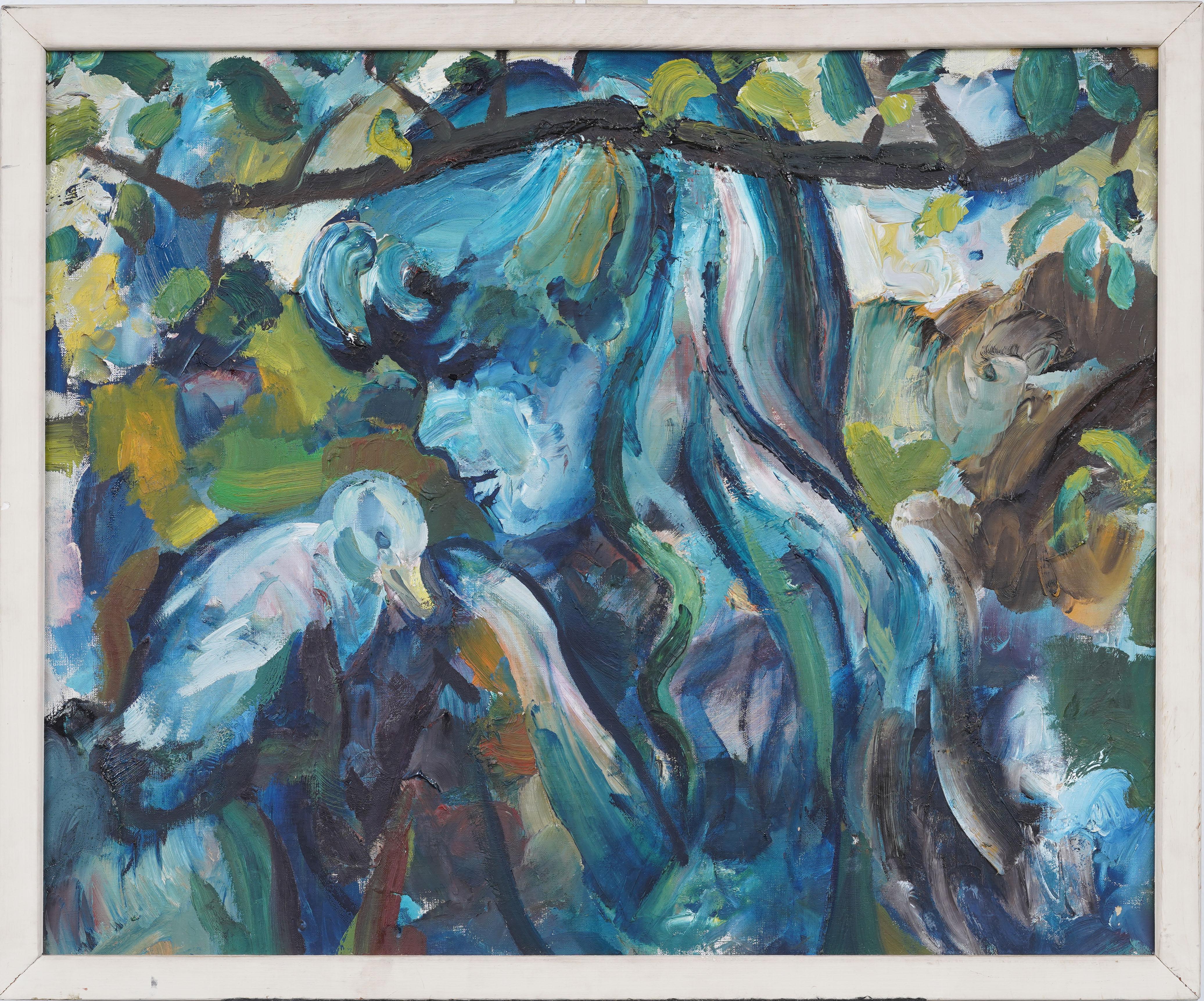 Abstract Painting Unknown - Vintage American Post Impressionist Woman and Bird Encadré Peinture à l'huile