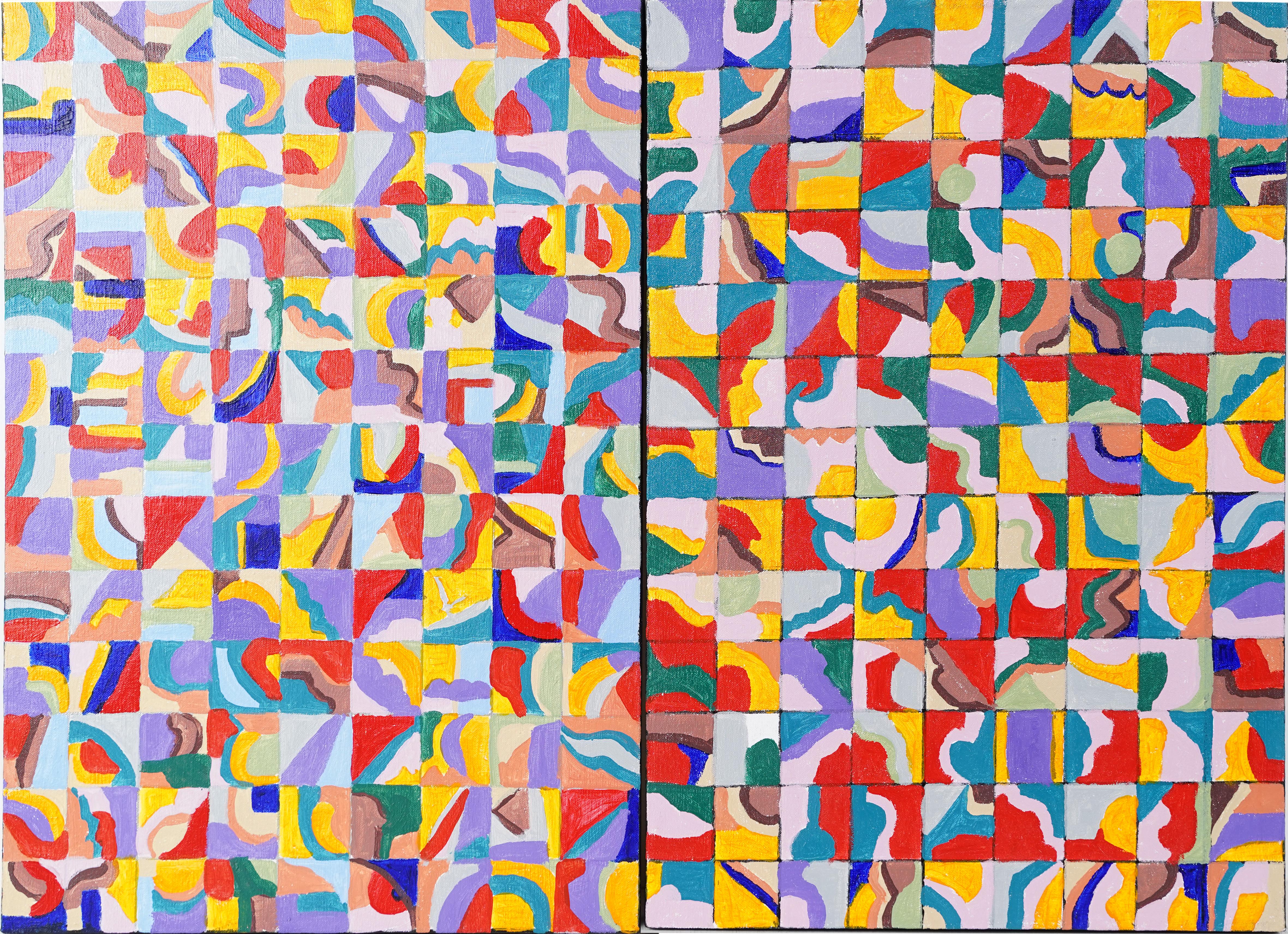 Abstract Painting di Unknown - Dittico astratto d'epoca di scuola americana Pittura ad olio originale