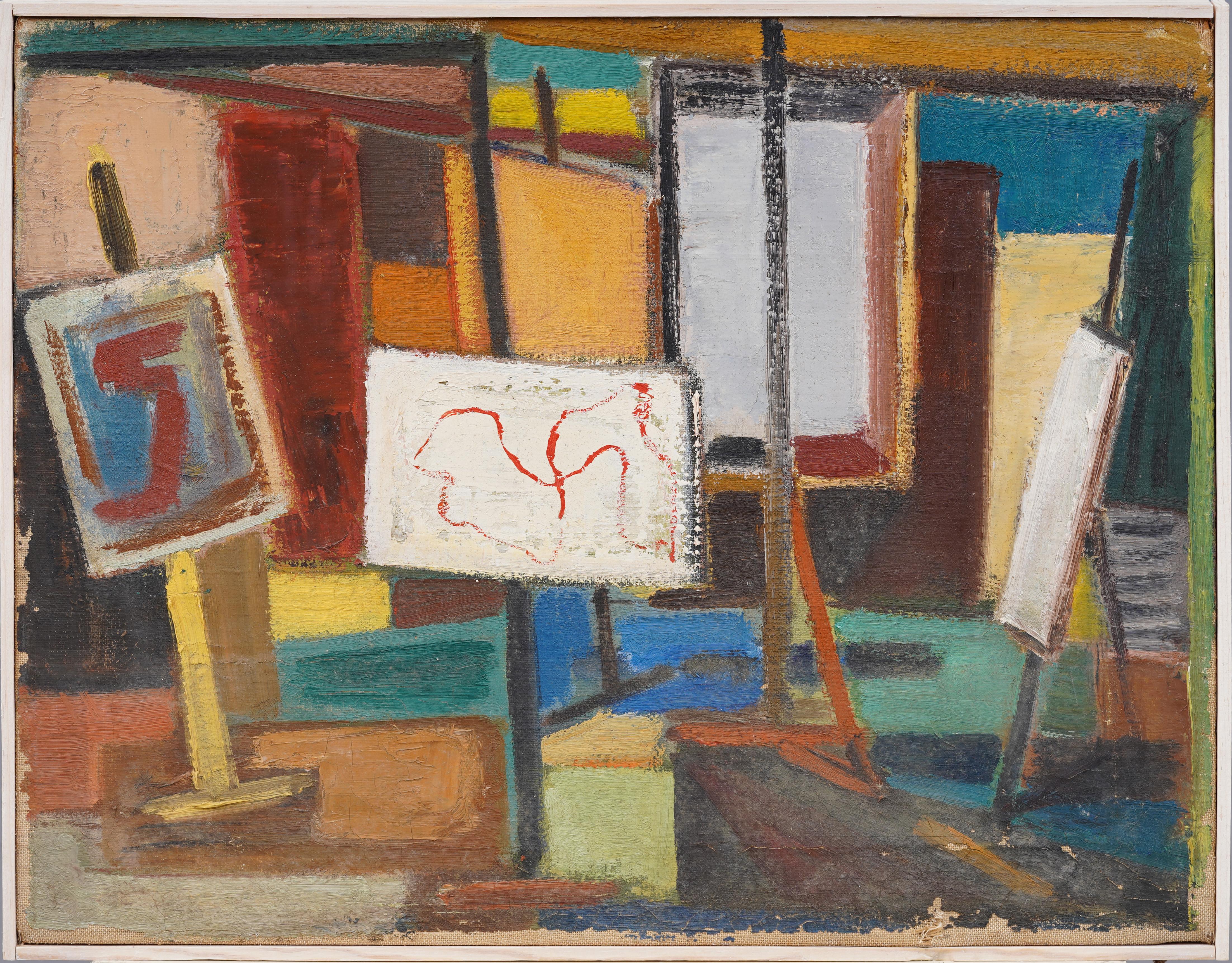 Vintage Scuola Americana Espressionista Astratto Artista Studio Moderno Pittura ad olio