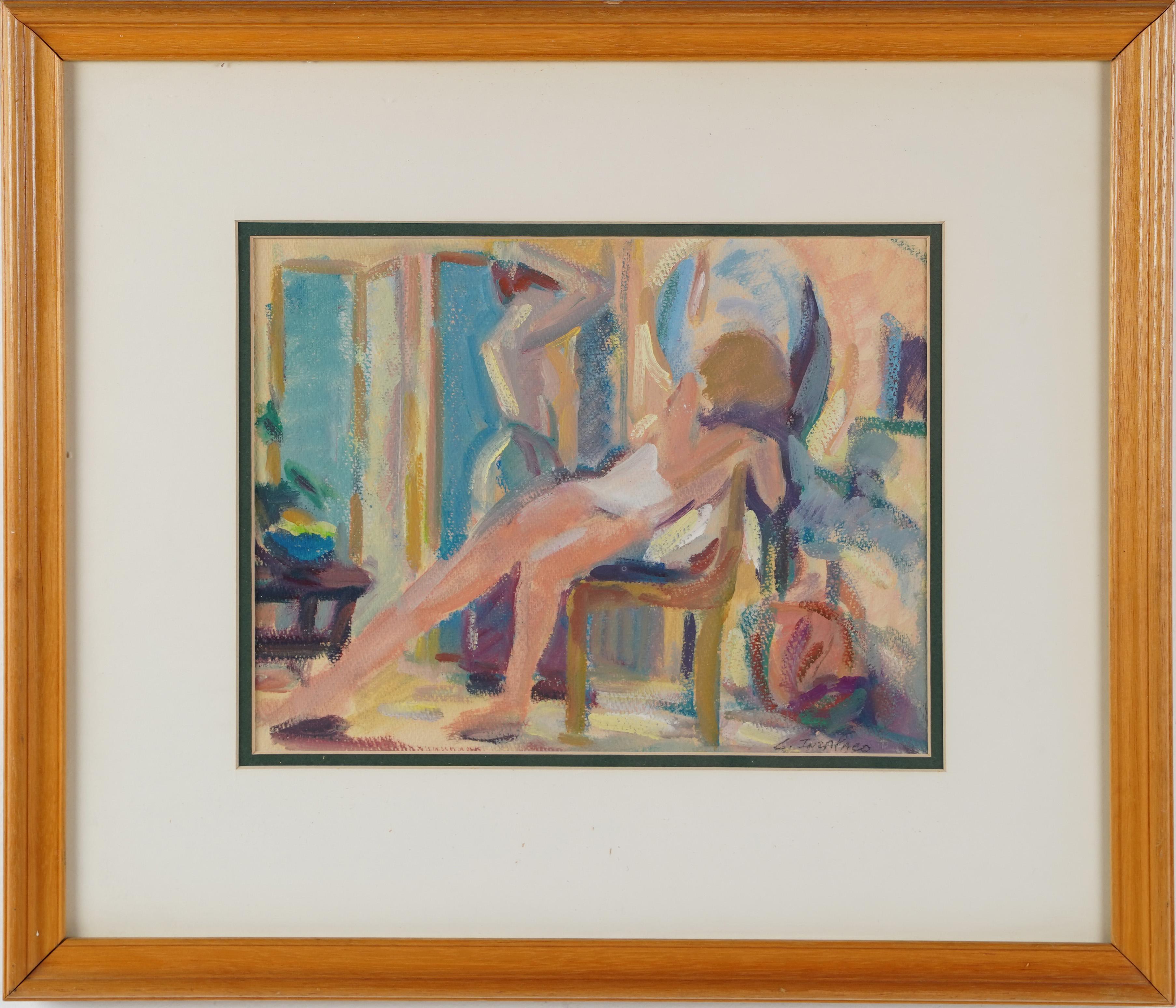 Vintage American School Boudoir Scene Nude Female Interior Portrait Painting  - Beige Nude Painting par Unknown