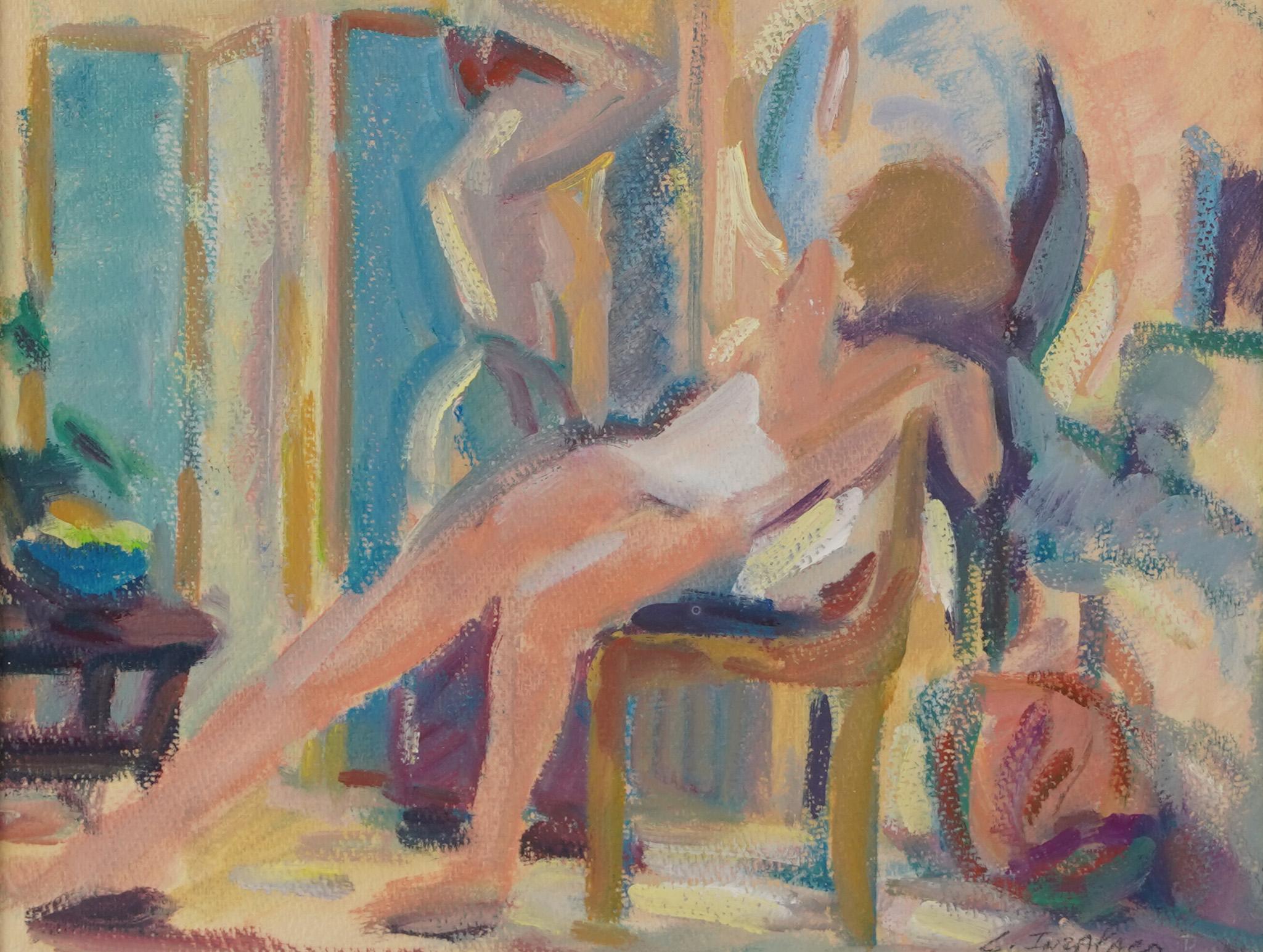 Vintage American School Boudoir Scene Nude Female Interior Portrait Painting For Sale 1