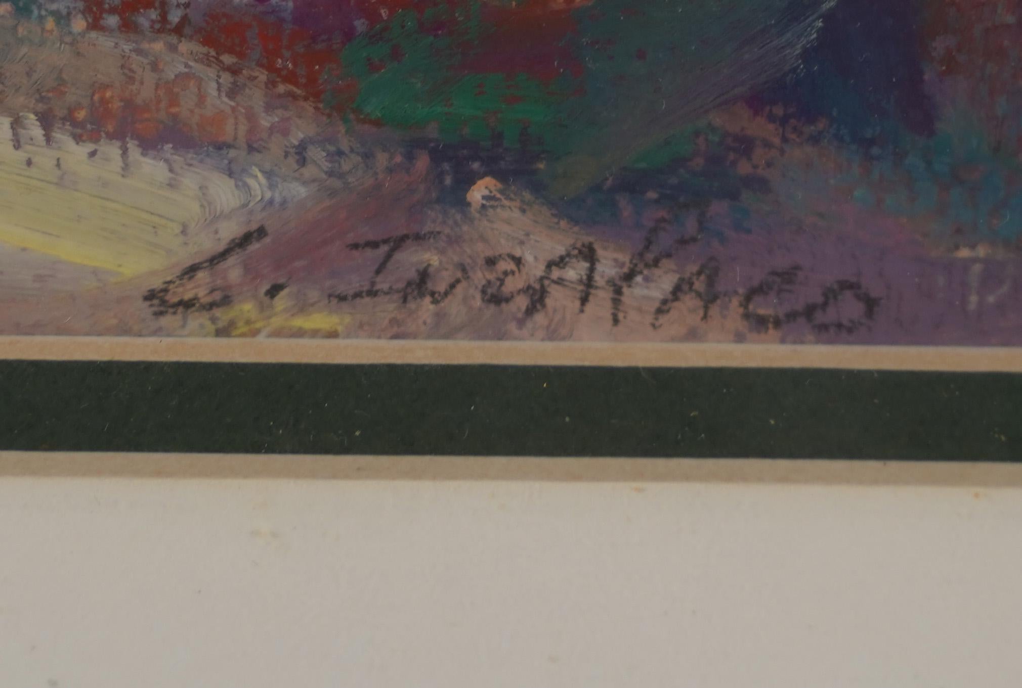 Antikes impressionistisches Gemälde. Aquarell und Gouache auf Papier, um 1950.  In einem Vintage-Rahmen untergebracht.   Bildgröße: 11L x 9H. 
