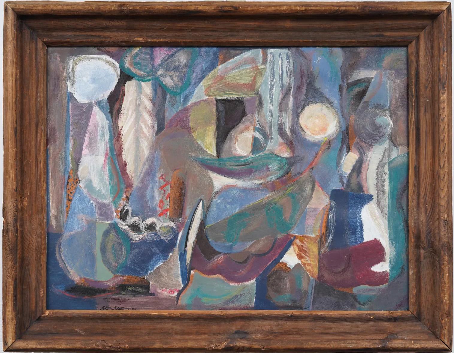 Pittura ad olio cubista astratta di scuola americana d'epoca, incorniciata e firmata, modernista - Painting di Unknown