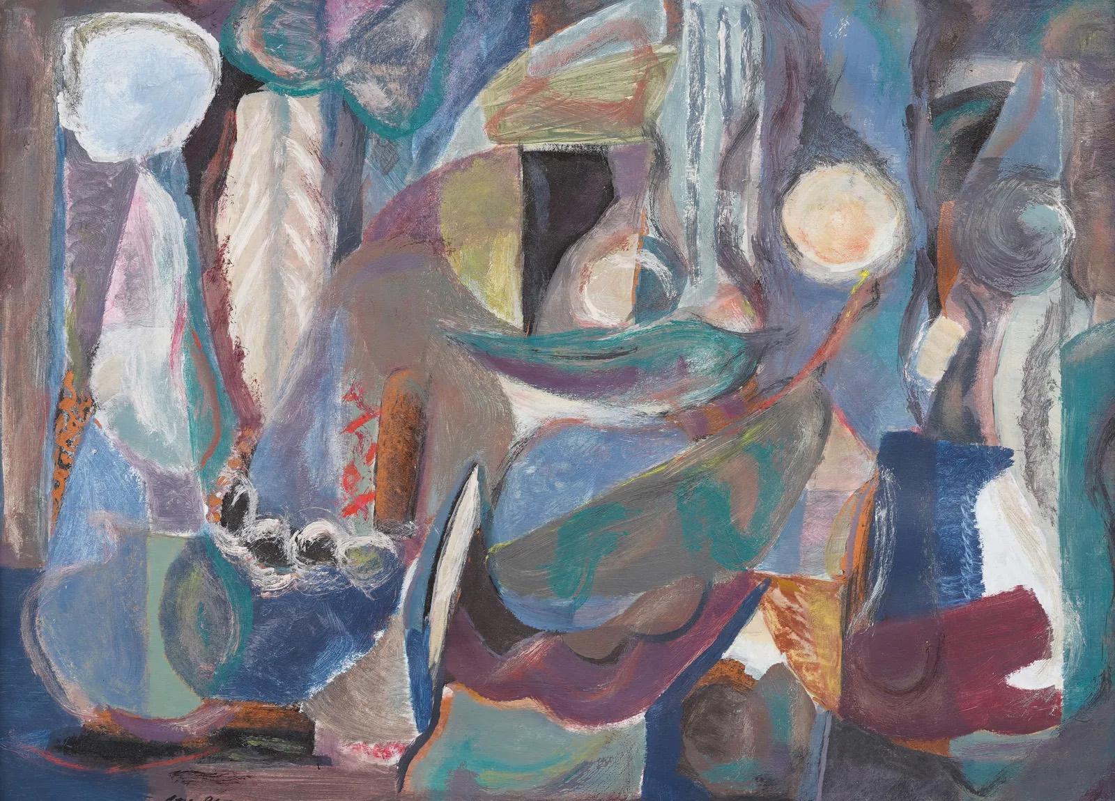 Pittura ad olio cubista astratta di scuola americana d'epoca, incorniciata e firmata, modernista - Painting Cubismo di Unknown