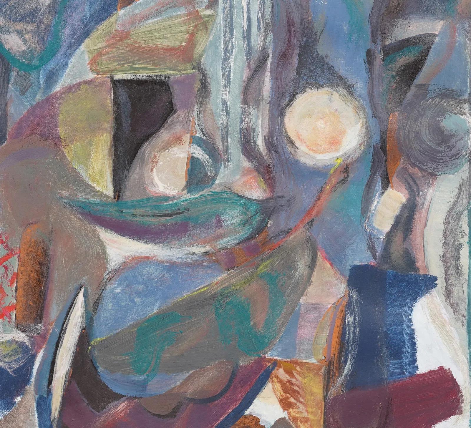 Pittura ad olio cubista astratta di scuola americana d'epoca, incorniciata e firmata, modernista - Abstract Painting Grigio di Unknown