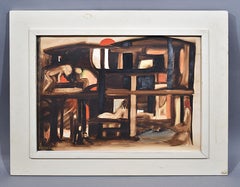 Vintage American School Erotic Abstract Brothel View Signed Oil Painting