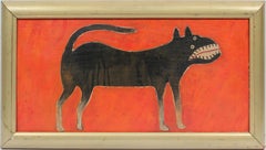 Vintage American School Folk Art Portrait of a Dog Original Oil Painting