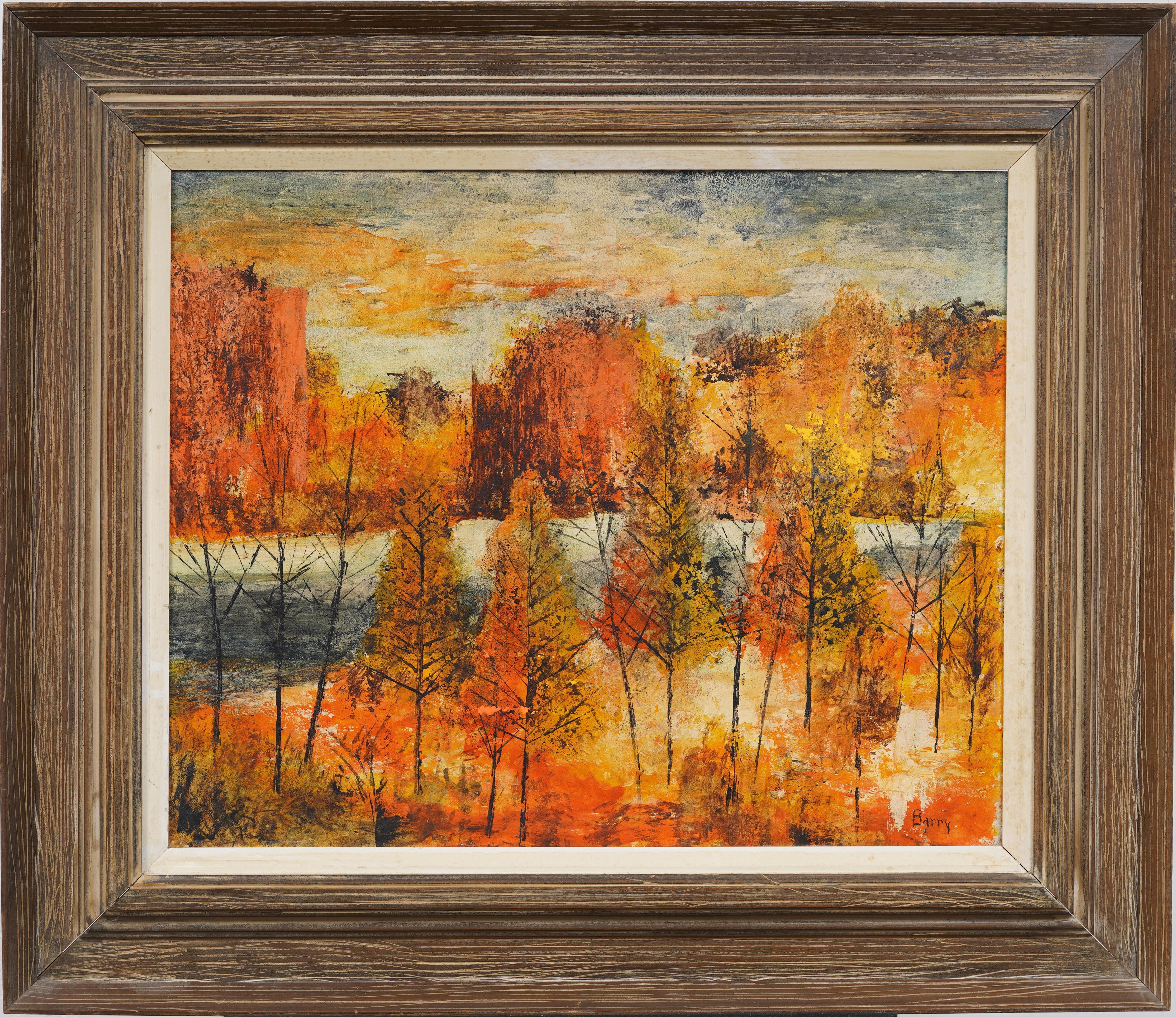Vintage American School Framed Modernist Fall Signed Landscape Oil Painting - Brown Abstract Painting by Unknown