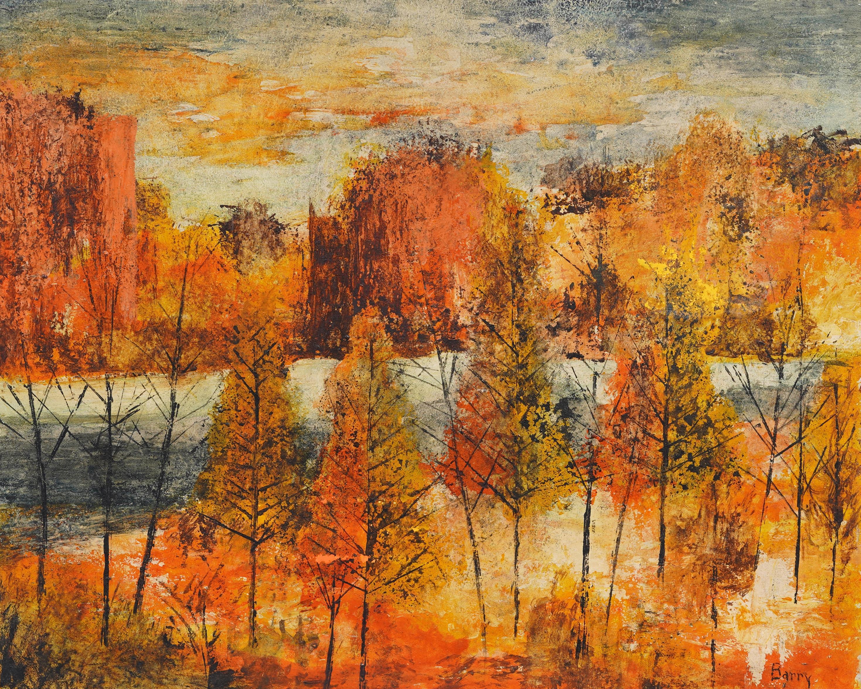 Vintage American modernist landscape oil painting by Frank Barry. Oil on board. Signed. Framed. Measuring 27 by 31 inches overall and 18 by 22 painting alone. Nicely framed in a wood molding.  Excellent condition, ready to hang and enjoy. 