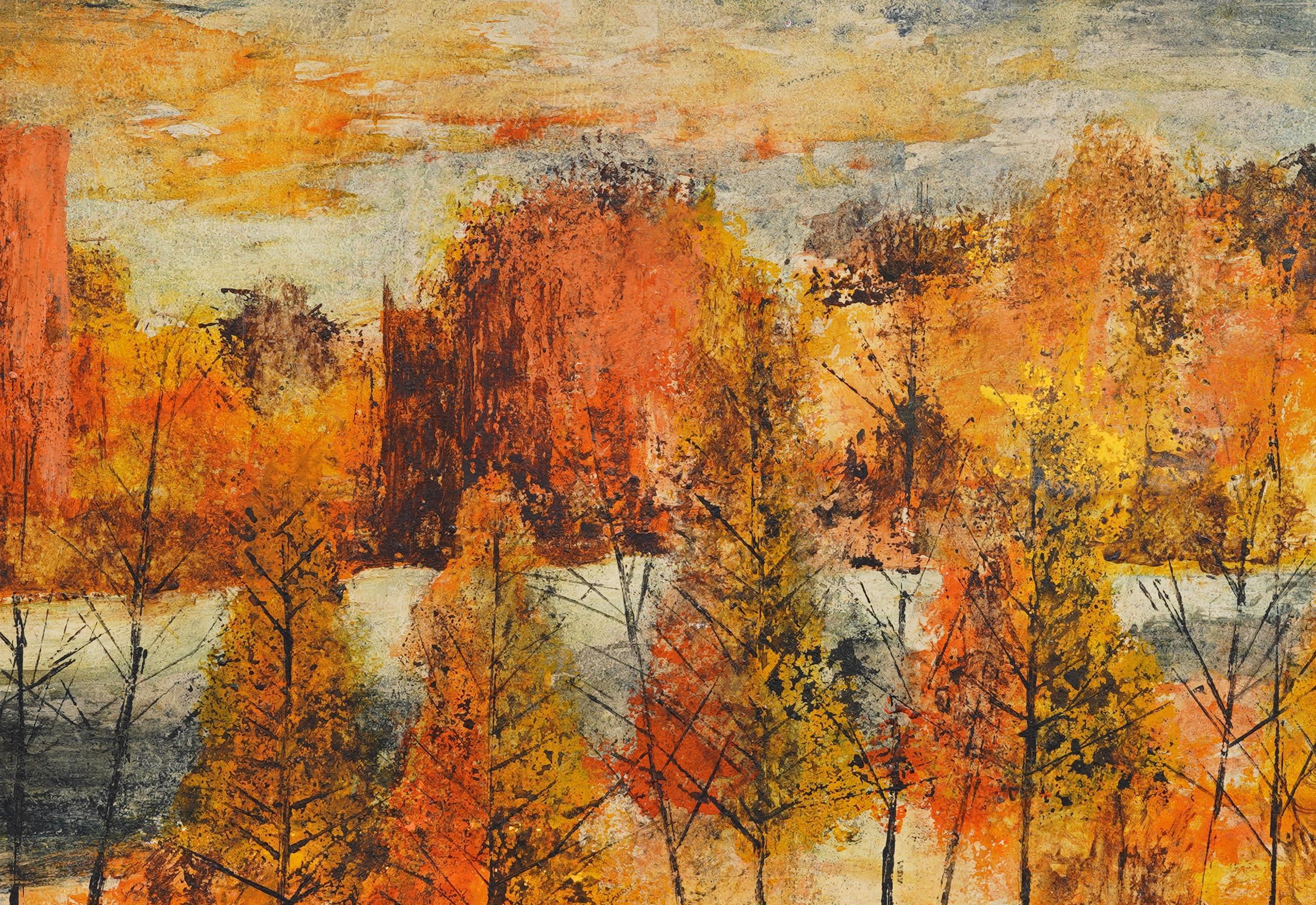 Vintage American School Framed Modernist Fall Signed Landscape Oil Painting For Sale 1