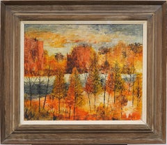 Pittura ad olio di paesaggio modernista d'epoca con cornice della Scuola Americana, firmata Fall
