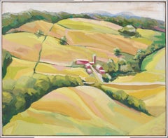 Vintage American School Impressionist Farm Landscape Rolling Hills Oil Painting