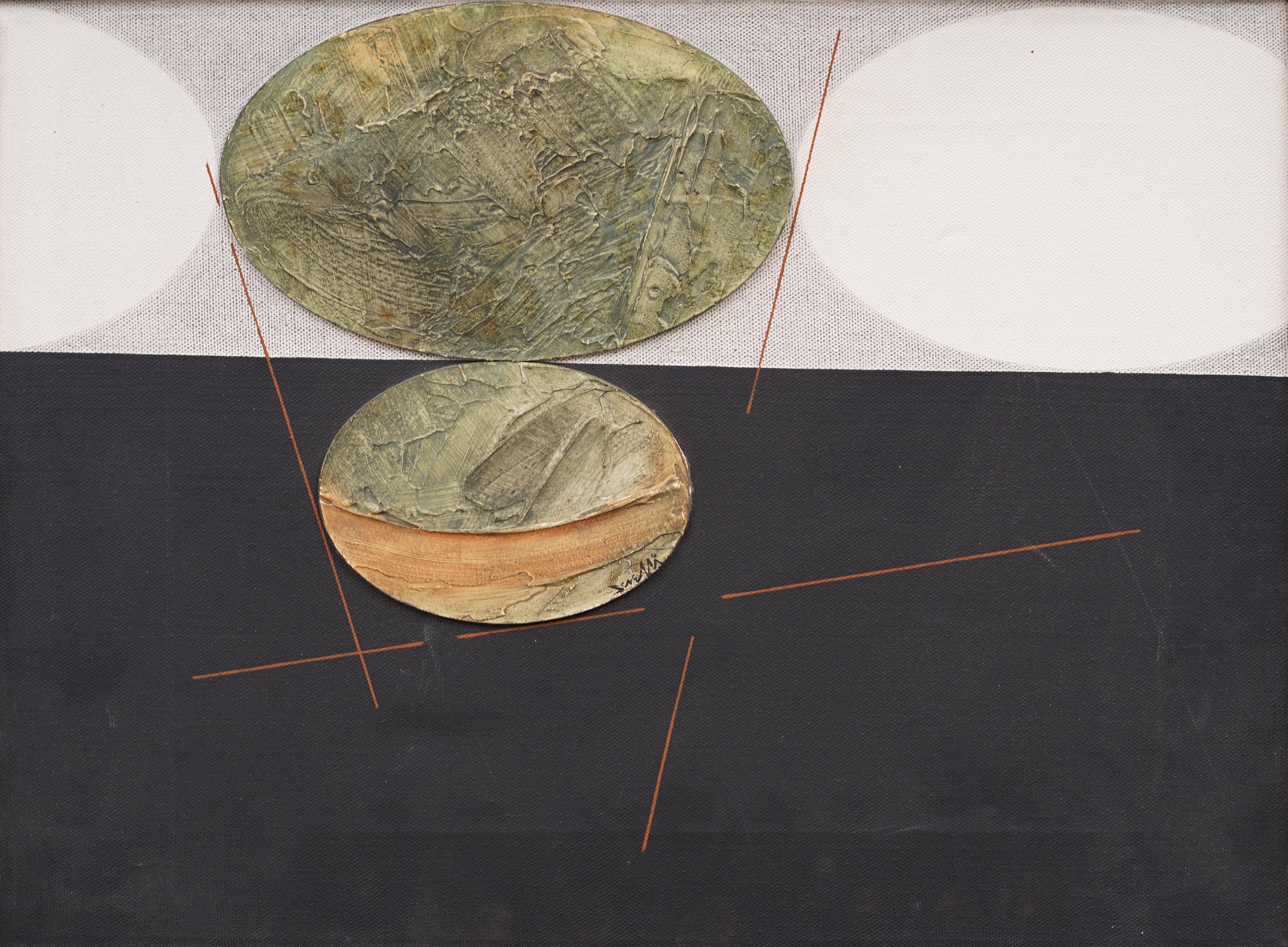 Pittura ad olio astratta firmata e incorniciata d'epoca della Scuola Americana del Mid Century Modern - Painting Astratto di Unknown
