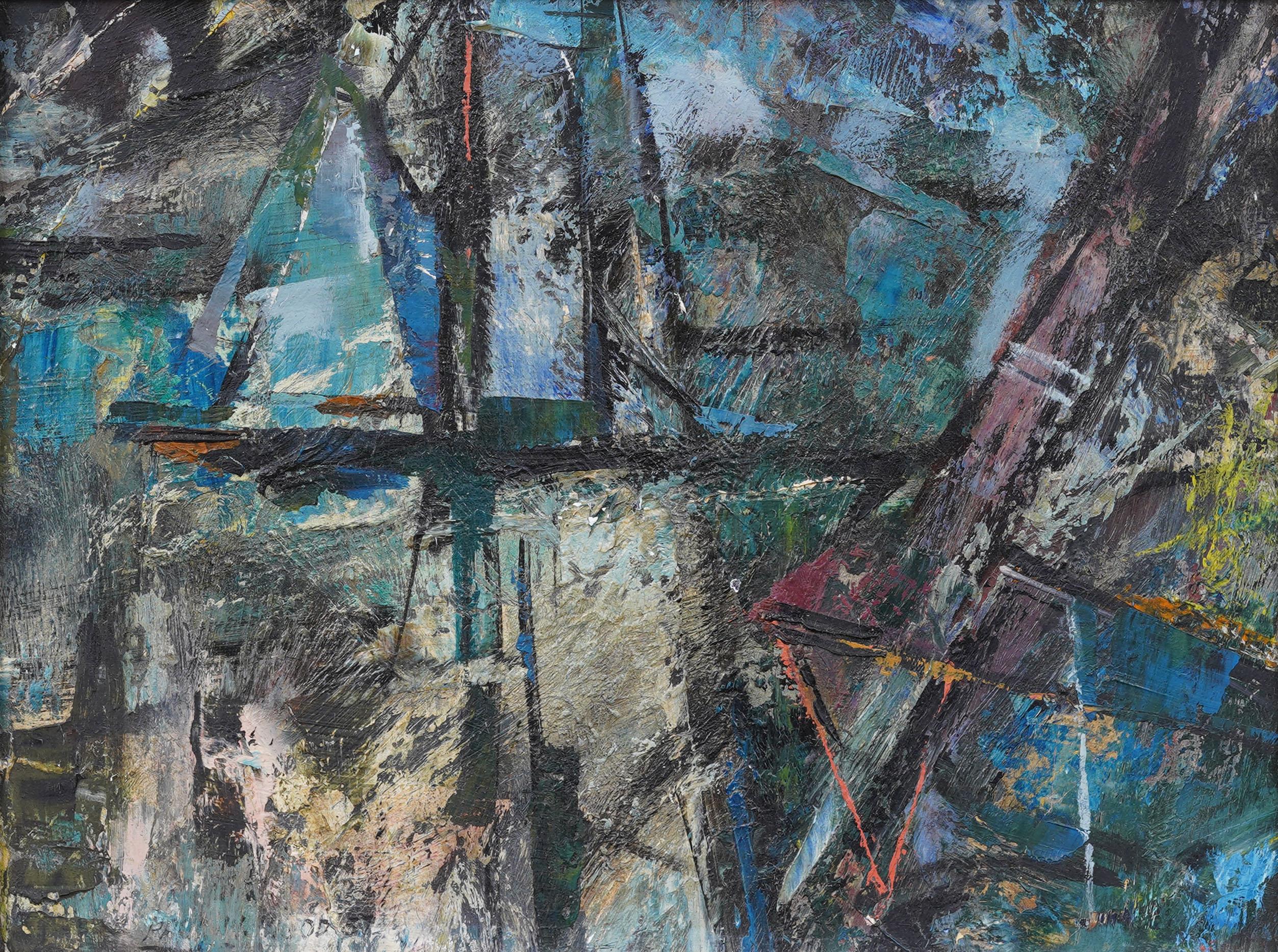 Vintage American modernist abstract seascape oil painting. Oil on board. Framed.  Handsomely framed in wide modern wood molding.  Excellent condition, ready to hang and enjoy. 