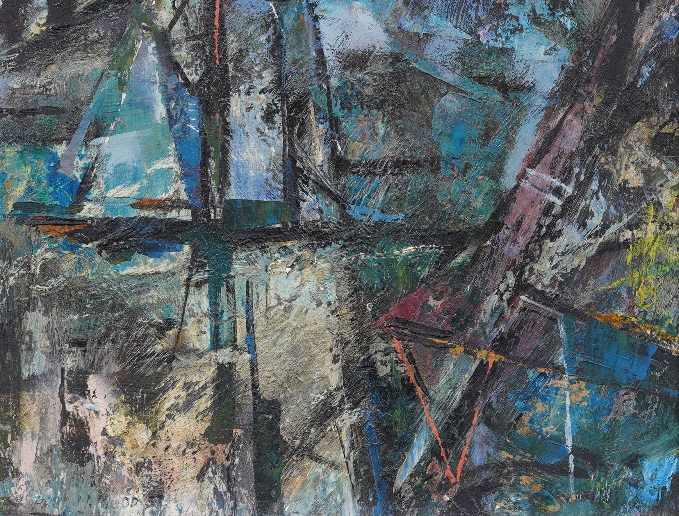 Vintage American School Modernist Abstract Seascape Framed Oil Painting For Sale 1