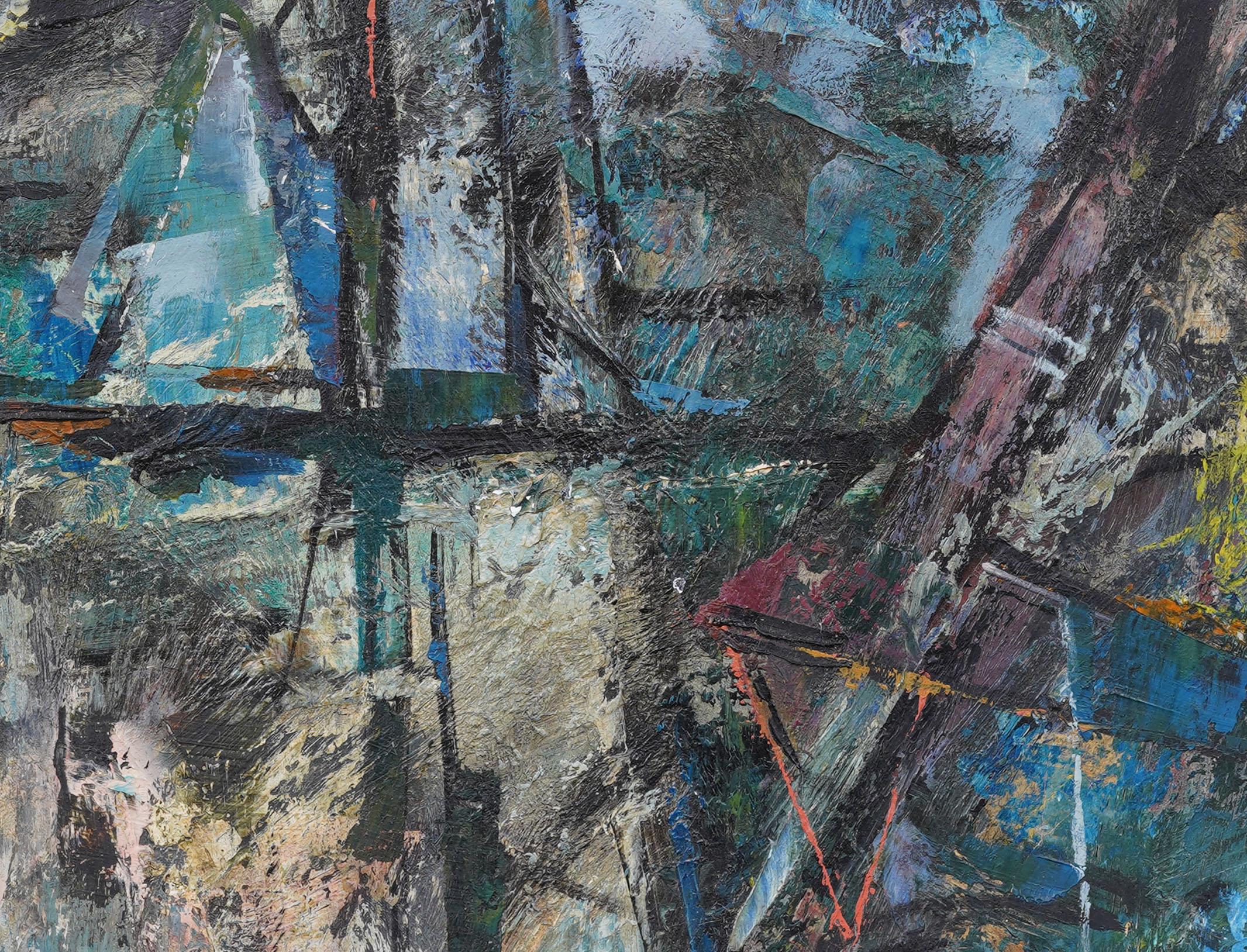 Vintage American School Modernist Abstract Seascape Framed Oil Painting For Sale 2