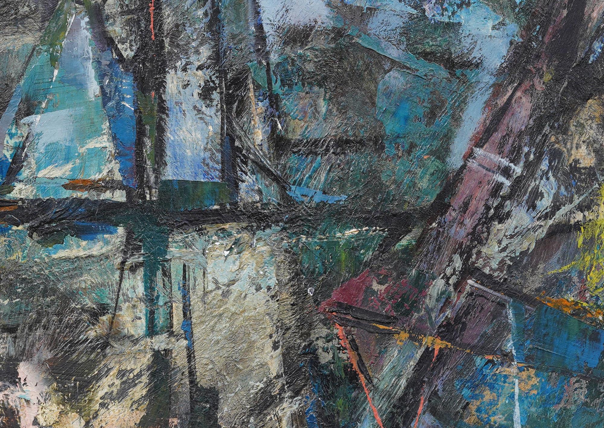 Vintage American School Modernist Abstract Seascape Framed Oil Painting For Sale 3