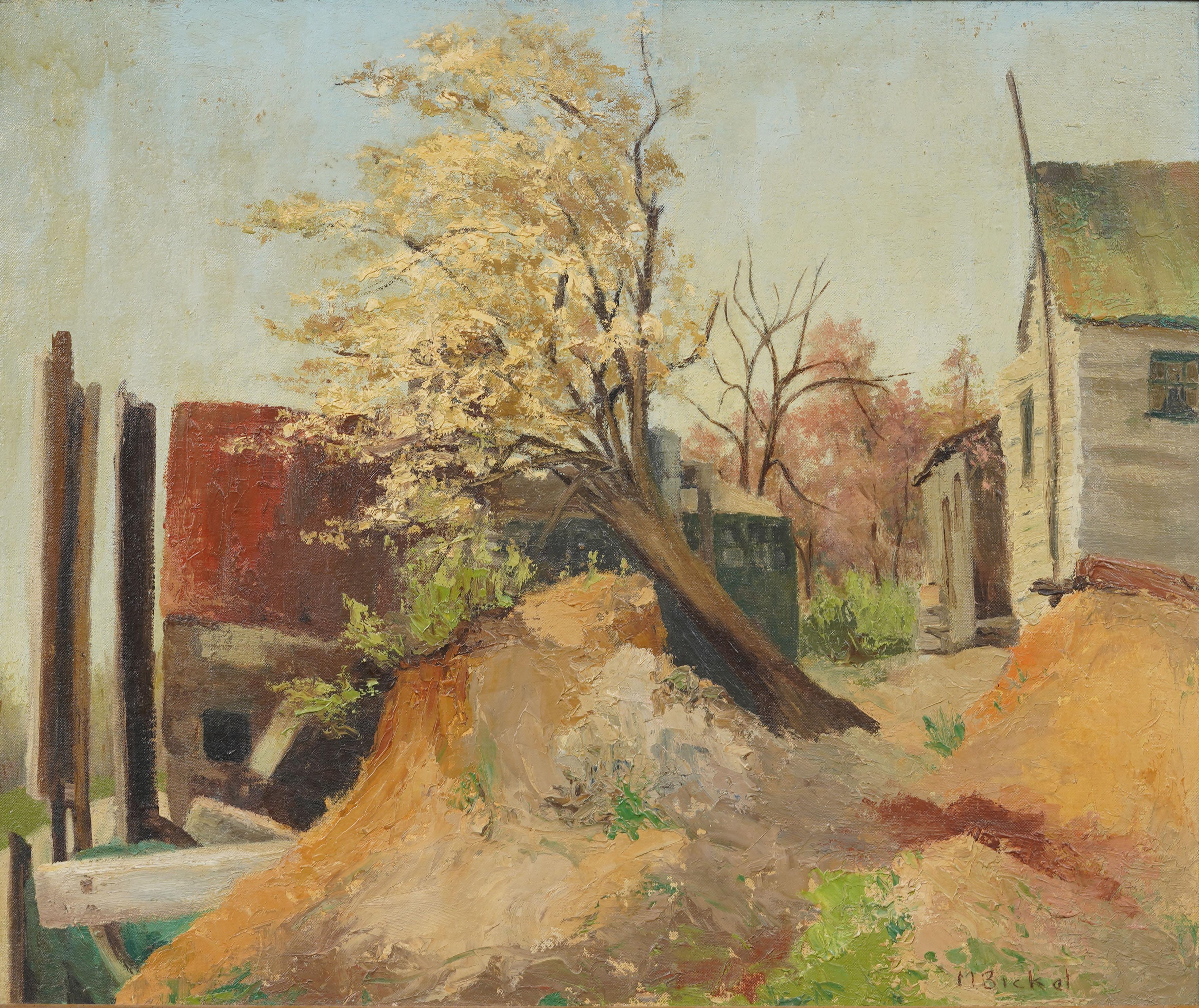 Vintage American School Modernist Kirschblüte Landschaft gerahmt Ölgemälde (Moderne), Painting, von Unknown