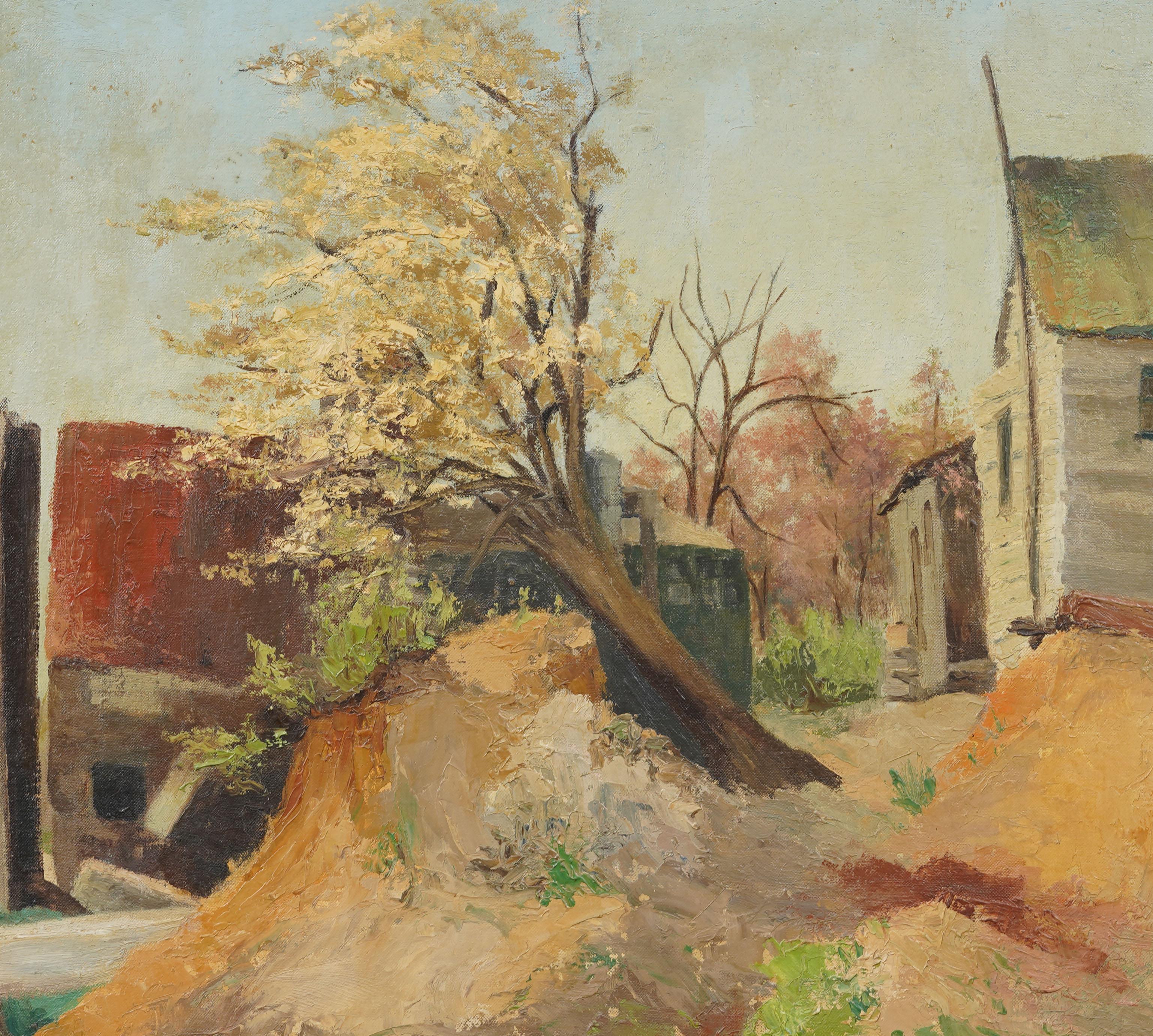 Vintage American School Modernist Kirschblüte Landschaft Malerei.  Öl auf Karton.  Unterschrieben.  Gerahmt.  