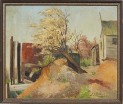 Vintage American School Modernist Kirschblüte Landschaft gerahmt Ölgemälde