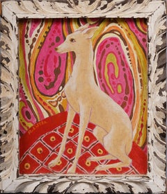 Peinture à l'huile vintage d'un portrait de chien moderniste d'école américaine, vue d'intérieur encadrée