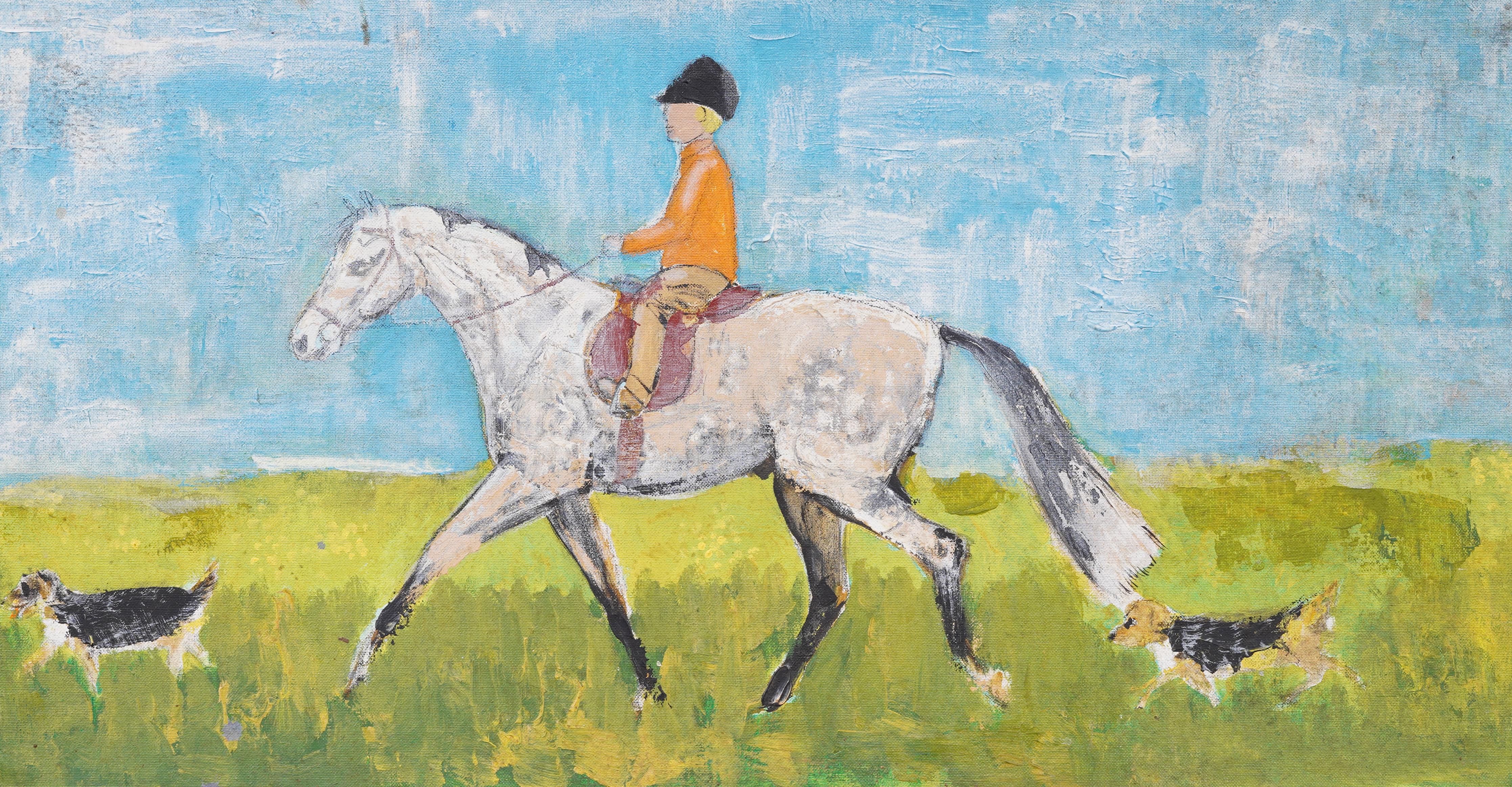 Impresionante paisaje de mediados de siglo con un jinete a caballo con varios perros.  Óleo sobre tabla.  Enmarcado.  No se ha encontrado ninguna firma.  Mide 18 por 33 pulgadas en total y 16 por 30 pulgadas pintando solo.  