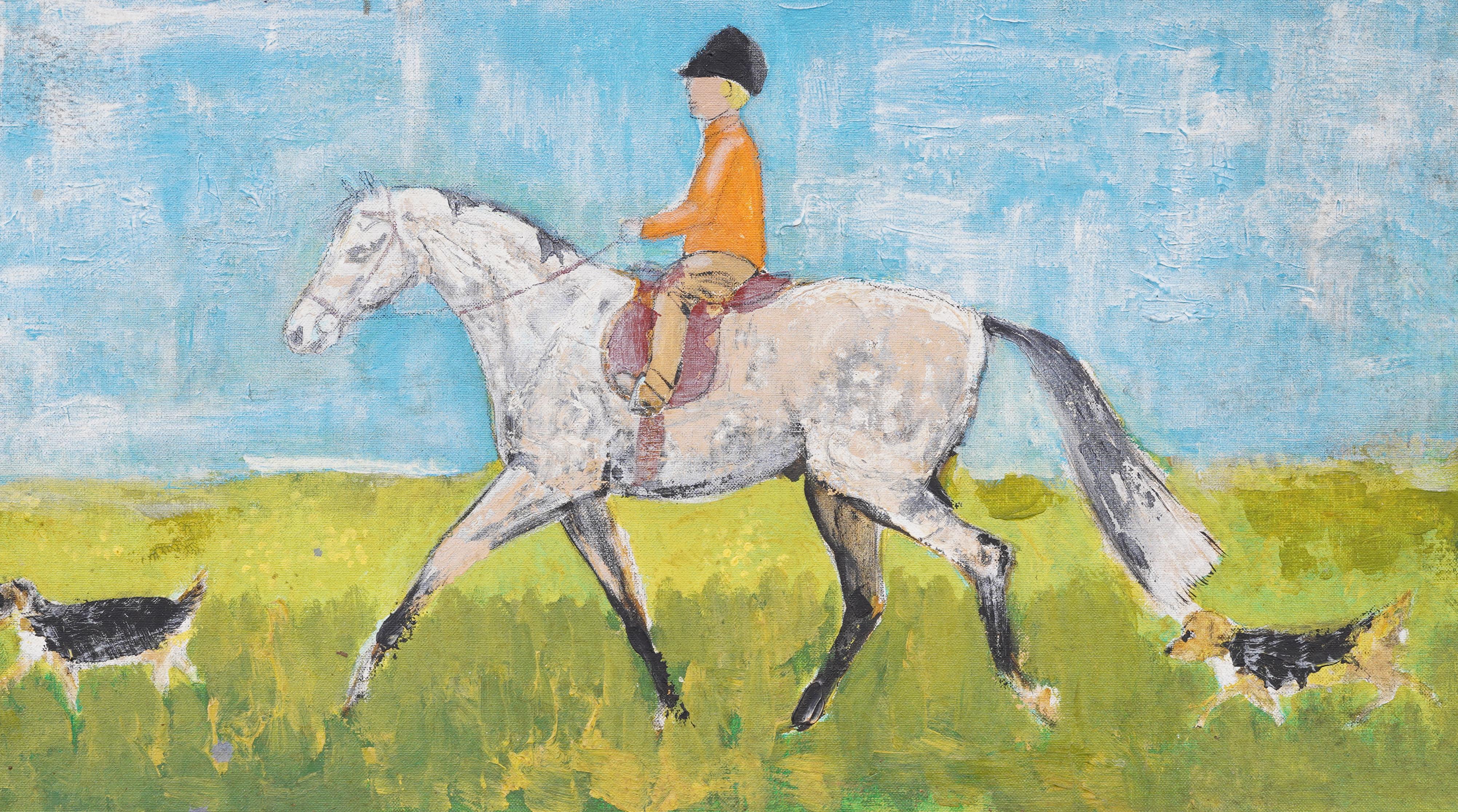 Vintage American School Modernist Paisaje equino Retrato de caballo Pintura al óleo 1