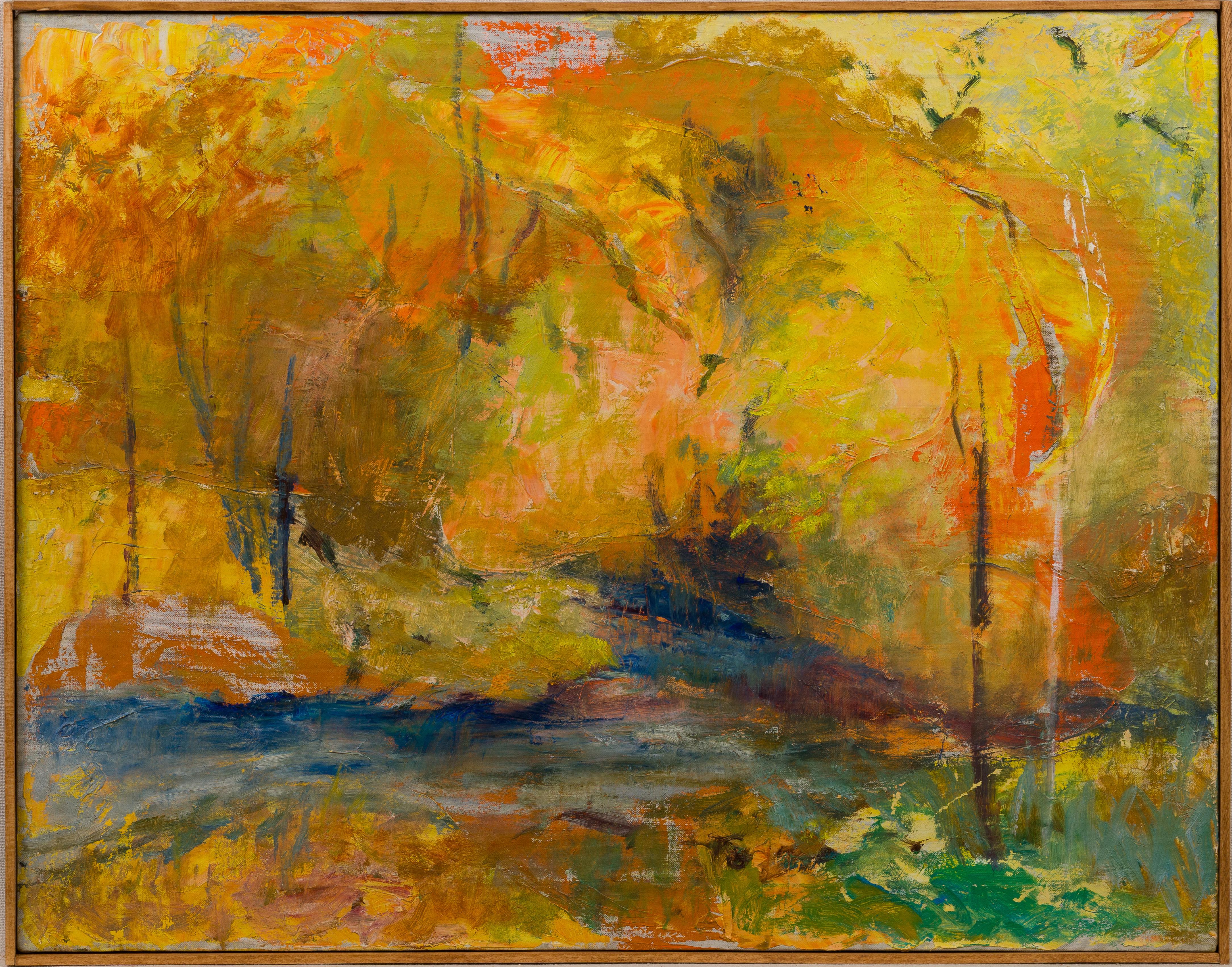 Step into the captivating embrace of autumn with this exceptional vintage American School modernist abstract landscape oil painting. This finely painted original work invites you to immerse yourself in the vivid and evocative hues of fall.

Crafted