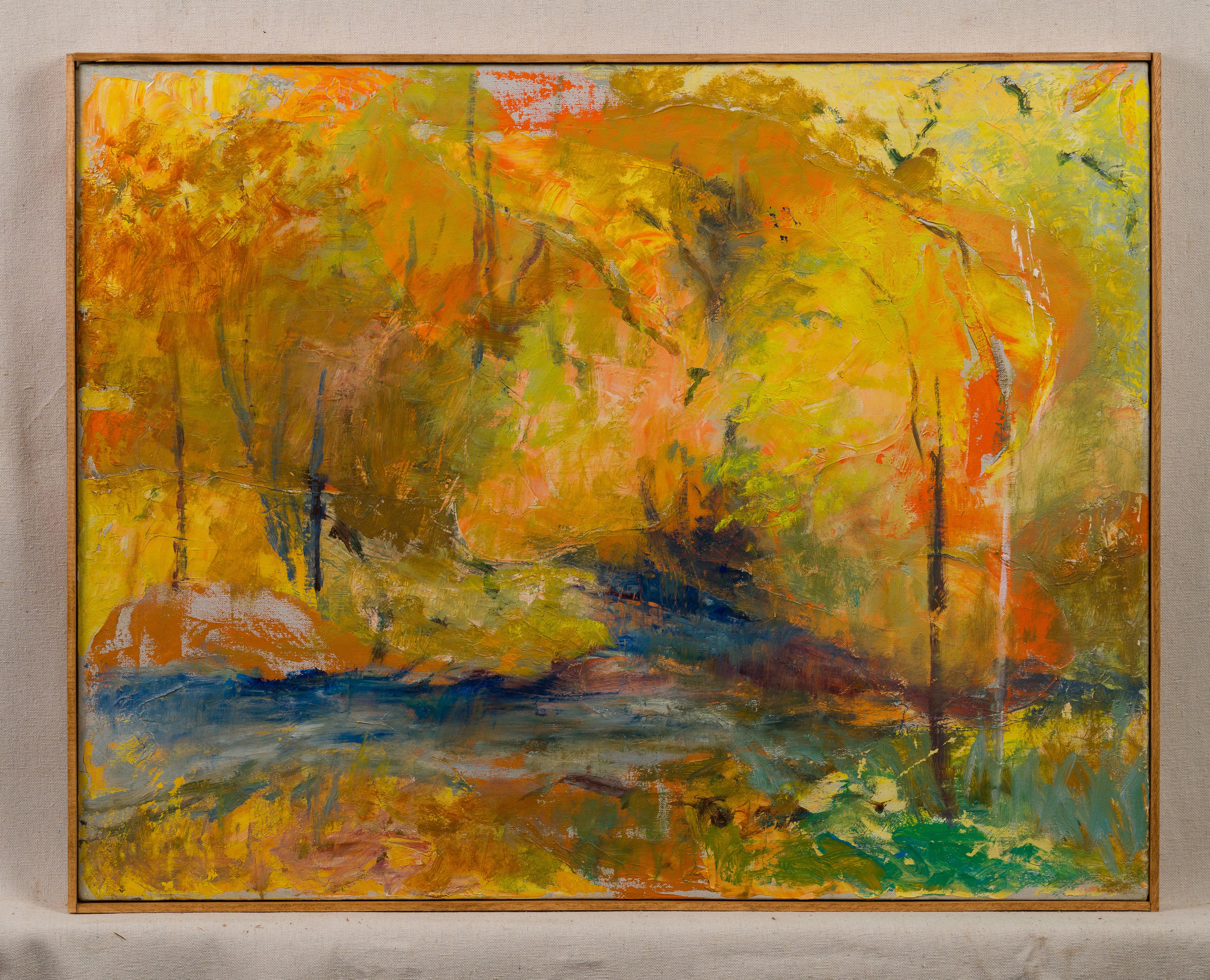 Vintage American School Modernist Fall Abstract Landscape Framed Oil Painting 1