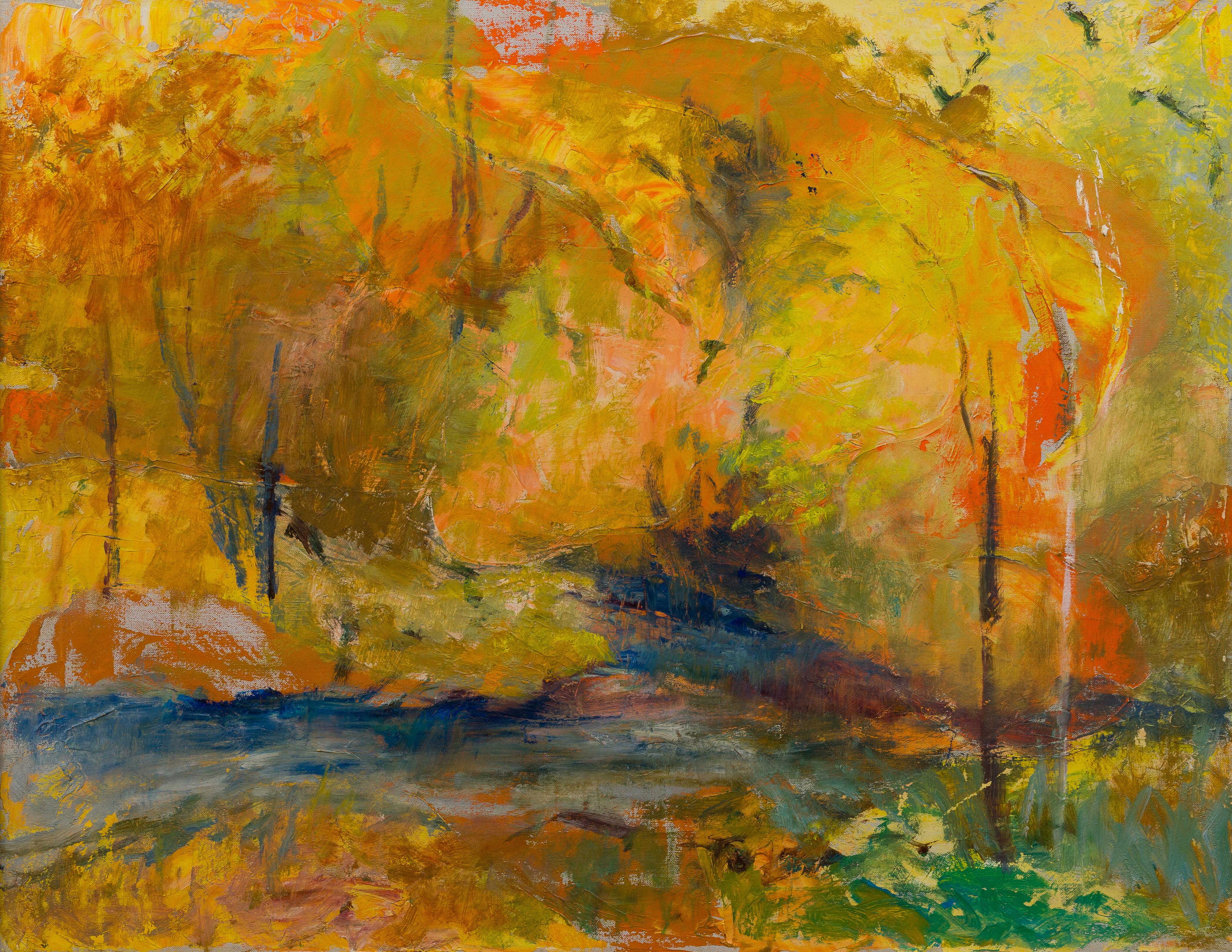 Immergiti nell'affascinante abbraccio dell'autunno con questo eccezionale dipinto a olio su paesaggio astratto vintage di scuola americana modernista. Quest'opera originale finemente dipinta ti invita a immergerti nelle tonalità vivaci e suggestive
