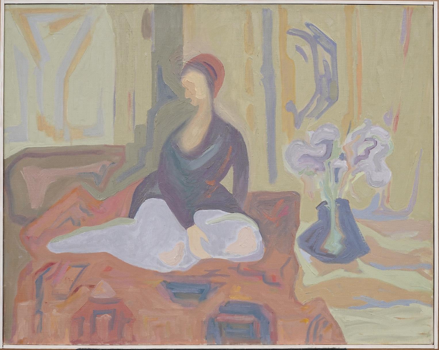 Unknown Abstract Painting - Vintage American School Modernist Figural Interior Scene Framed Oil Painting