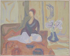 Vintage American School Modernist Figural Interior Scene Framed Oil Painting