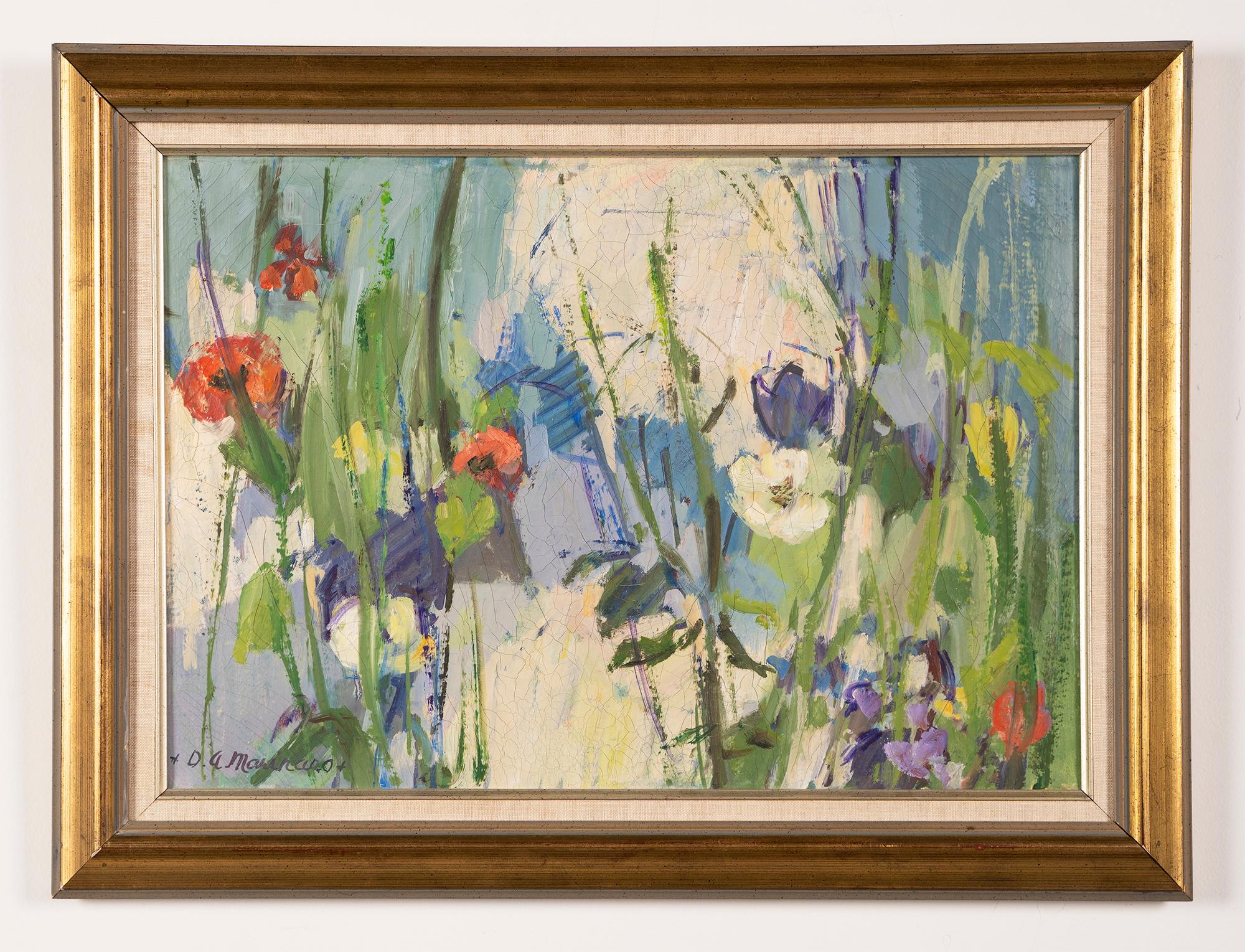 Vintage American modernist abstract still life oil painting.  Oil on canvas, circa 1950.  Signed illegibly.  Image size, 20L x 14H.  Framed in a period frame.