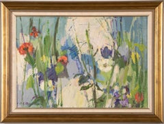 Vintage American School Modernist Flower Still Life Signed Framed Oil Painting