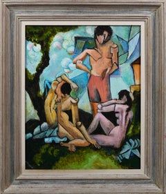 Vintage American School Modernist Framed Original Cubist Nude Oil Painting