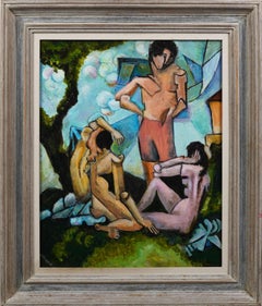 Peinture à l'huile cubiste originale d'un nu de l'école américaine moderniste et encadrée