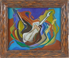 Vintage American School Modernist Guitar Cubist Abstract Musical Still Life 