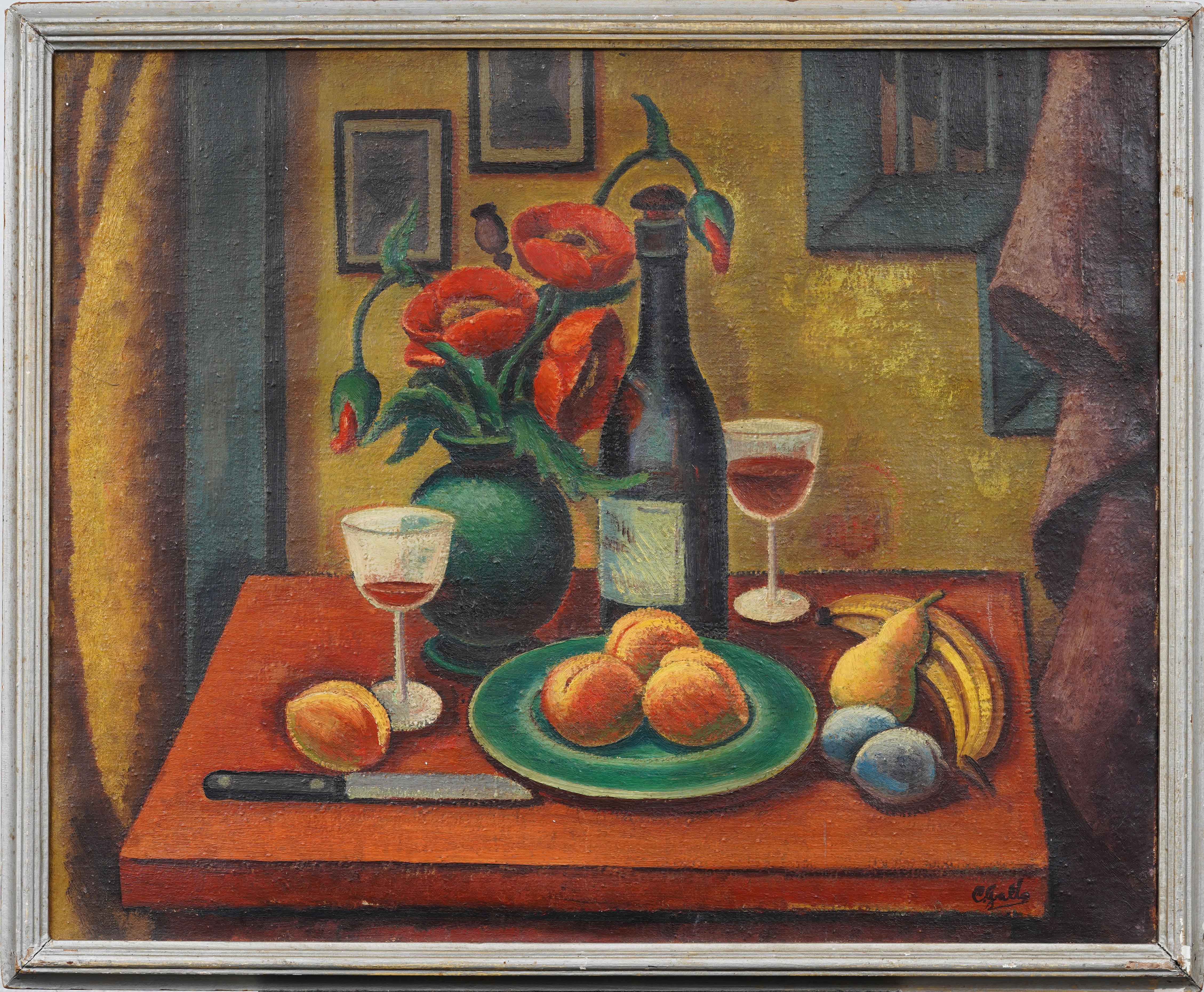 Vintage American School Modernist Innenszene Küche Stillleben Ölgemälde – Painting von Unknown