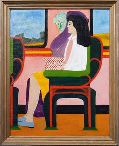 Pintura al óleo enmarcada Vintage American School Modernist Interior Scene Portrait