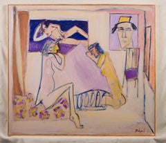 Vintage American School Modernist Interior View Framed Nude Portrait Painting