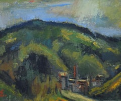 Vintage American School Modernist Mountain Landscape Signed Original Painting