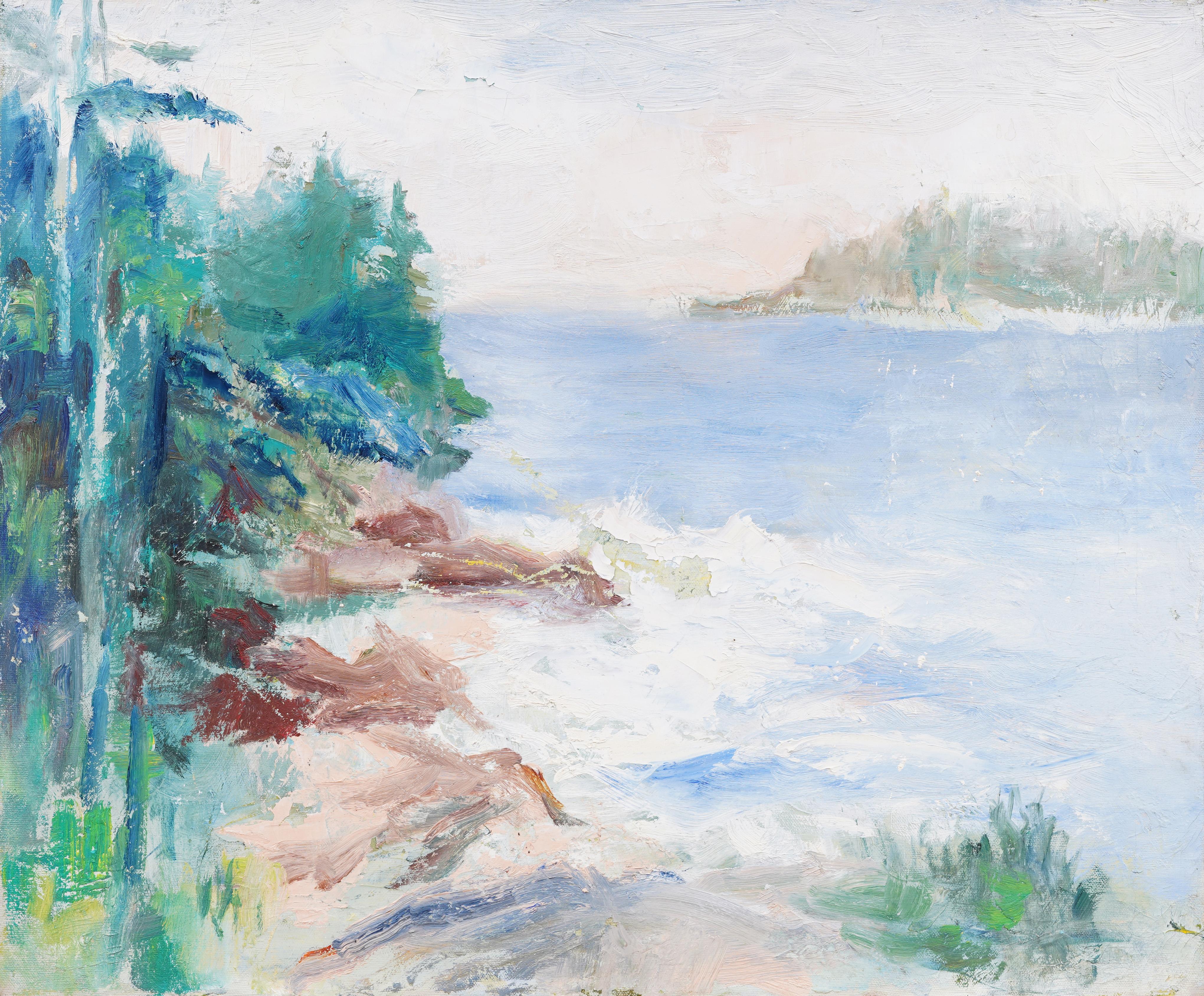 Vintage American School Modernist New England Landscape Framed Lake Oil Painting For Sale 1