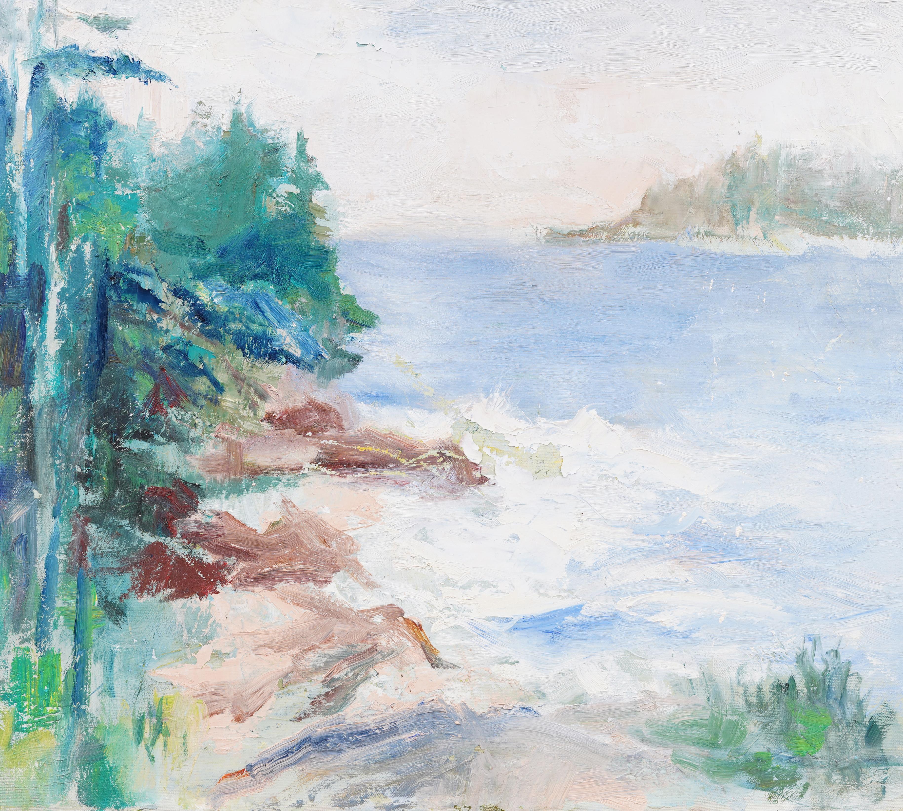 Vintage Escuela Americana Modernista Paisaje de Nueva Inglaterra Lago Pintura al óleo enmarcada - Abstract Painting Gris de Unknown