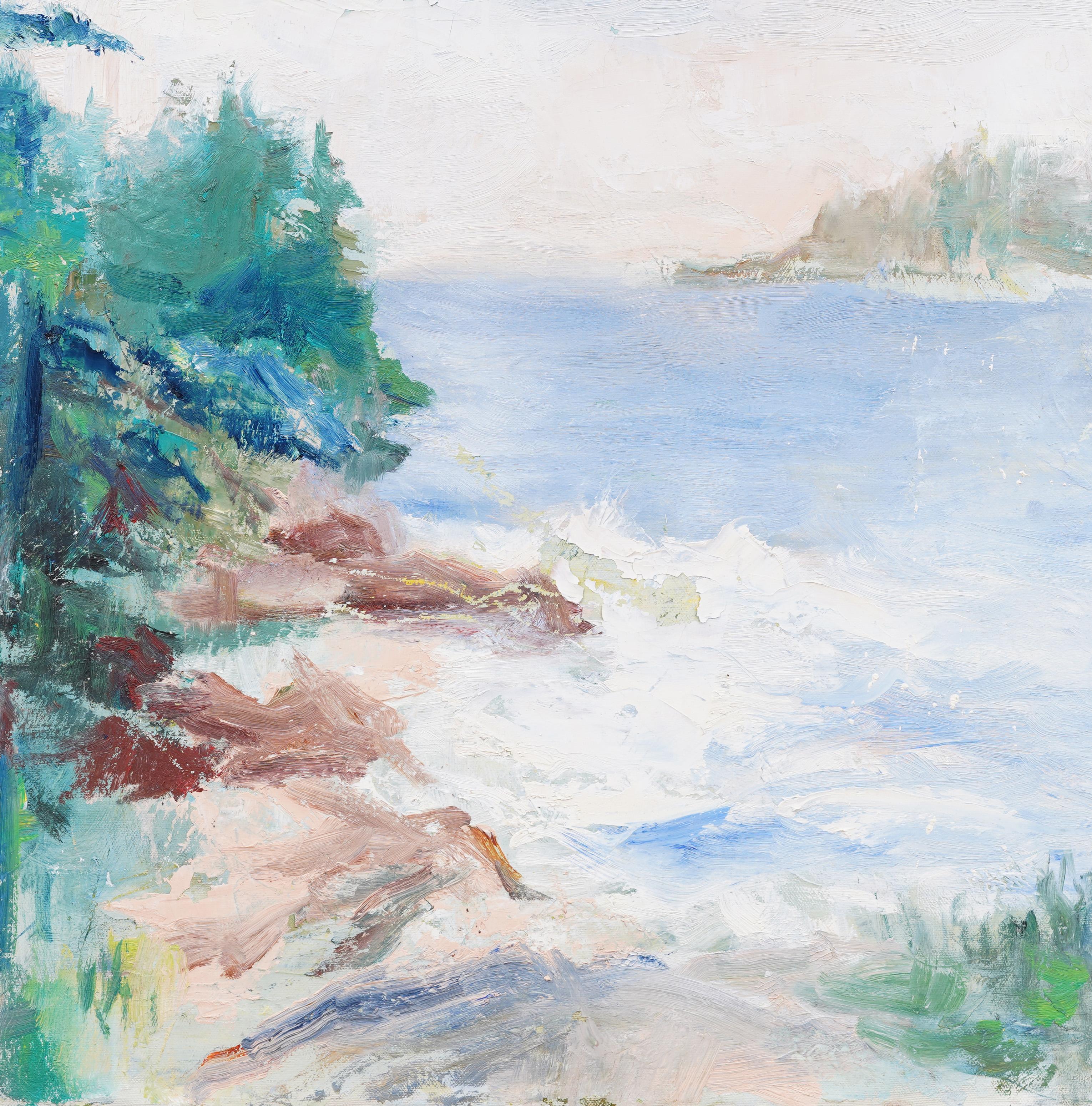 Vintage American School Modernist New England Landscape Framed Lake Oil Painting For Sale 3