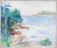 Vintage American School Modernist New England Landscape Framed Lake Oil Painting