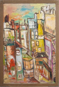 Vintage American School Modernist New York City Street Scene Signed Oil Painting