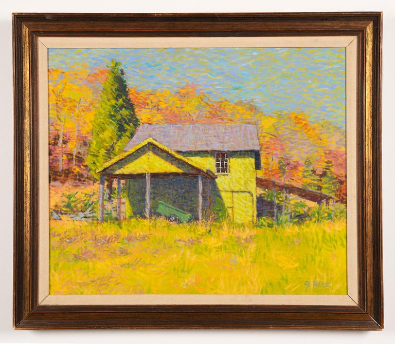 Antique American modernist New England barn oil painting.  Oil on canvas, circa 1960.  Signed illegibly.  Image size, 24L x 20H.  Framed in a period frame.