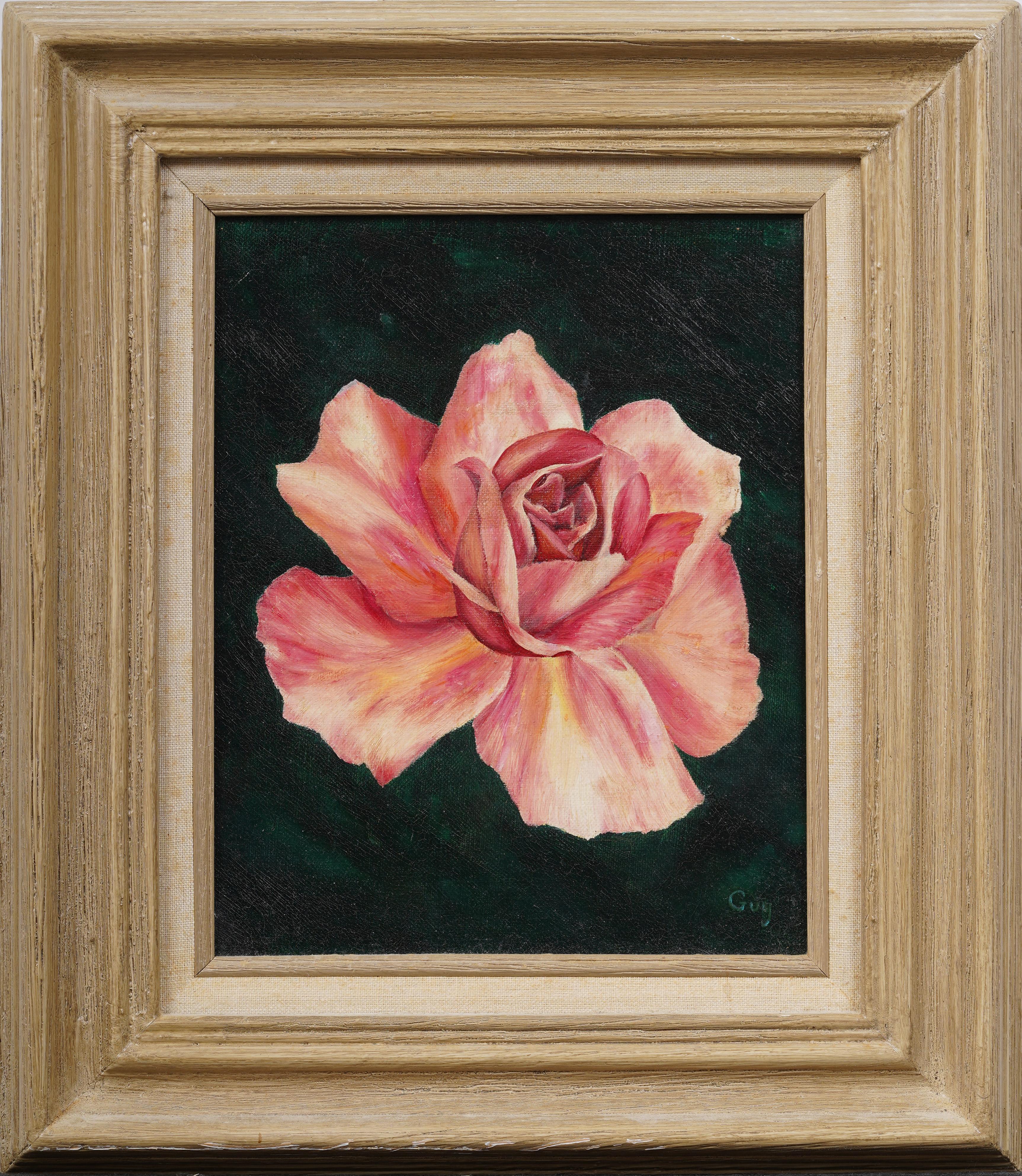 Vintage American School Modernist Rose Flower Still Life Pintura bien enmarcada