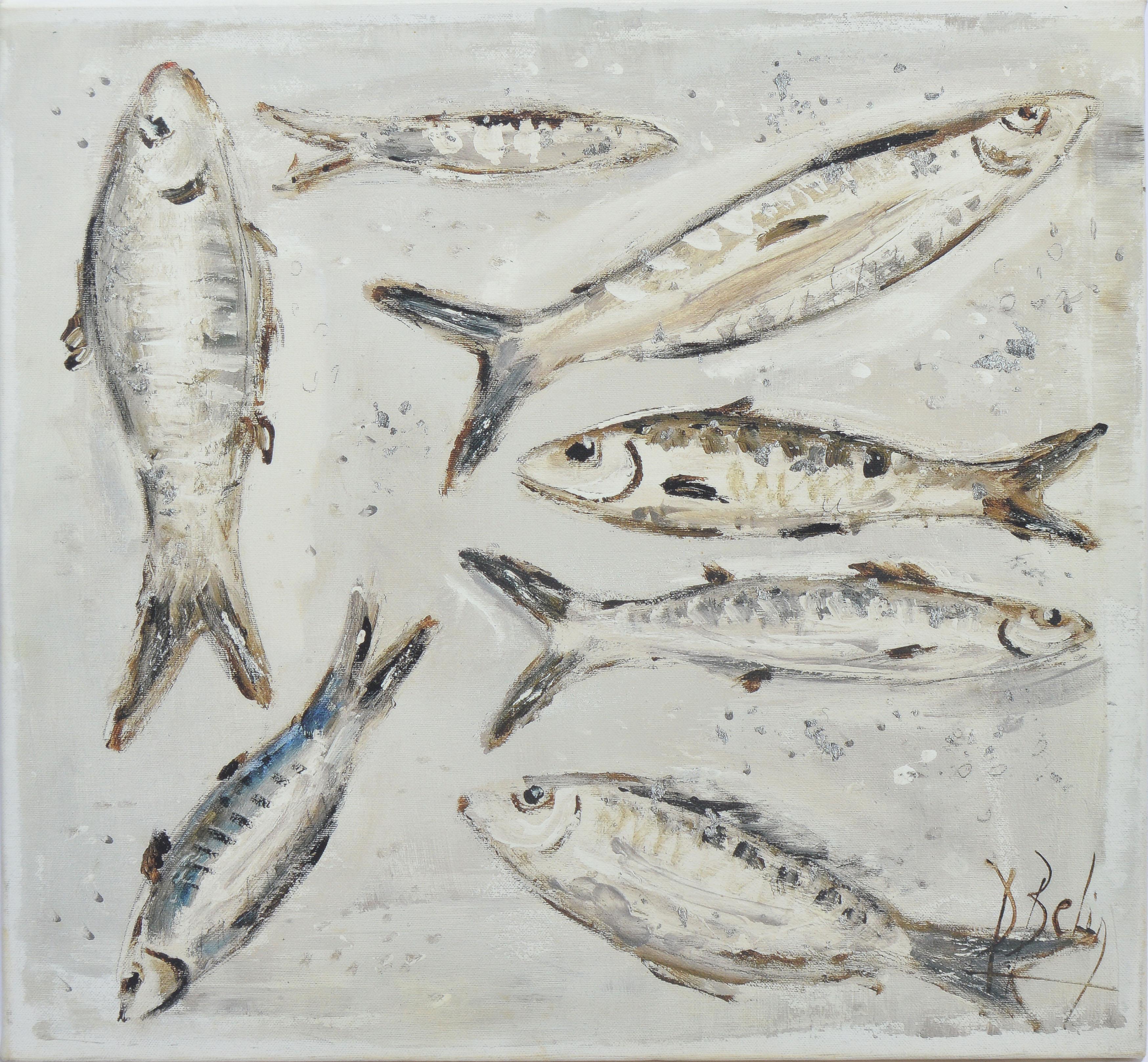 Vintage American School Modernist Still Life of Anchovy Fish in Black and White - Painting by Unknown