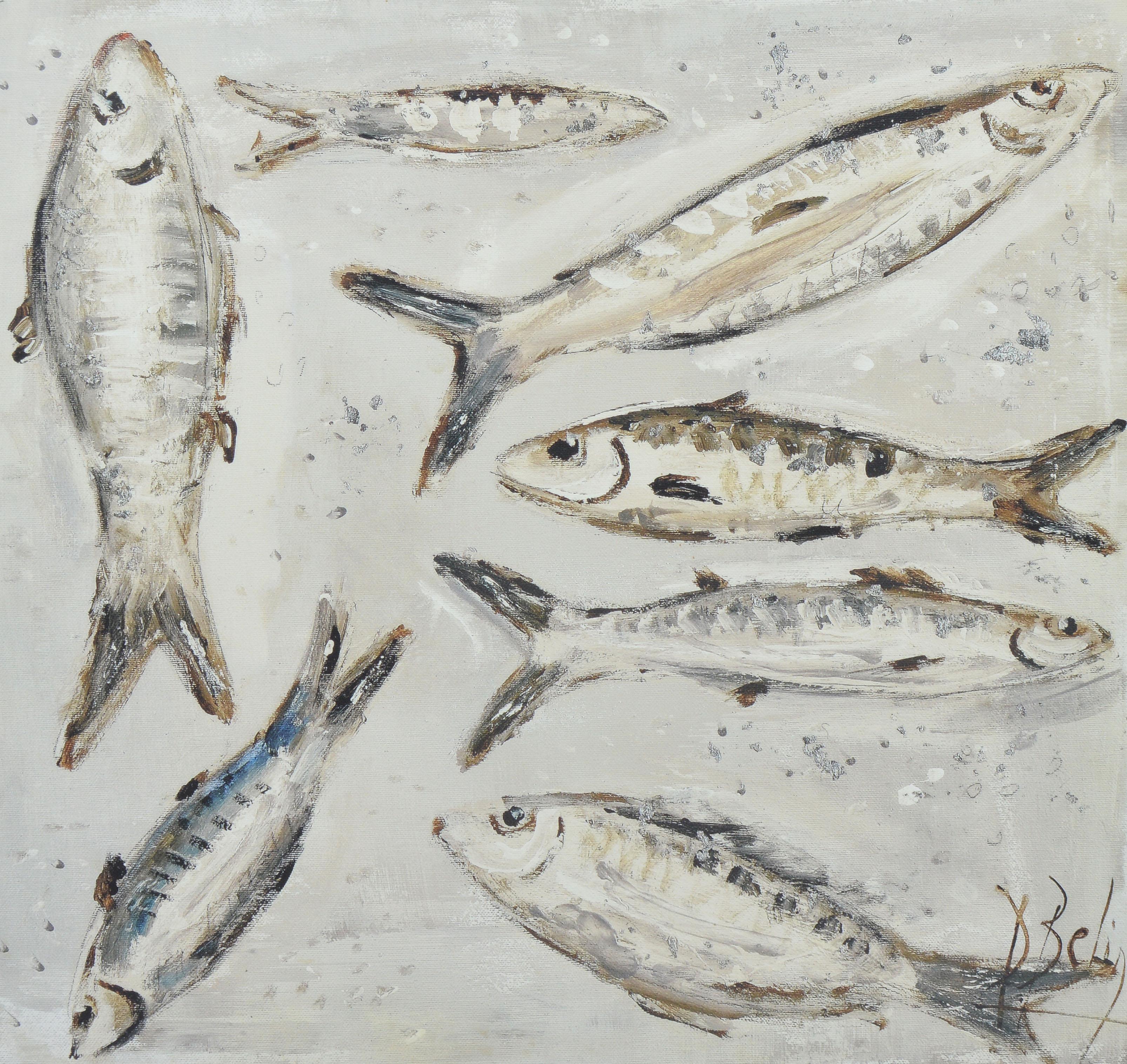 Vintage American School Modernist Still Life of Anchovy Fish in Black and White - Gray Animal Painting by Unknown